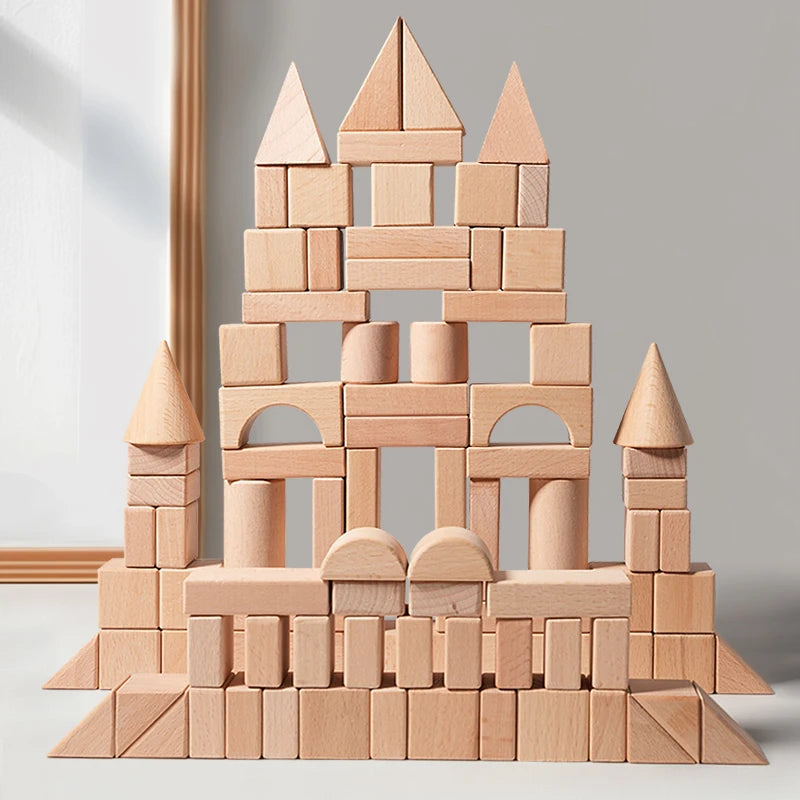 100Pcs Building Blocks for Toddlers Natural Wood Geometric Storage Bucket and Shape Sorter Lid Montessori Educational Toys