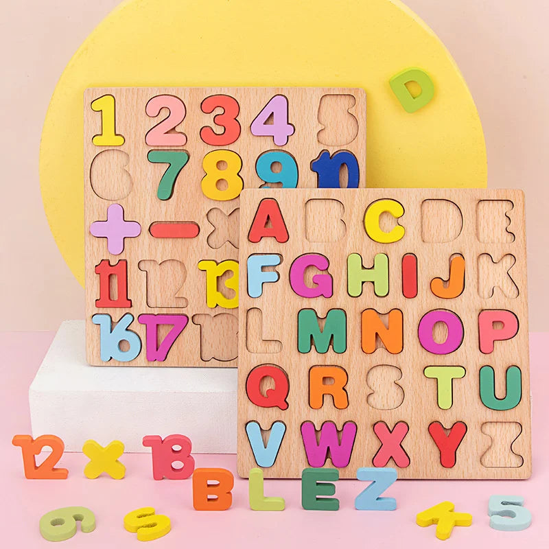 Wooden Puzzle Alphabet Number Shape Matching Board Baby Early Learning 3D Puzzle Preschool Educational Toys for Children
