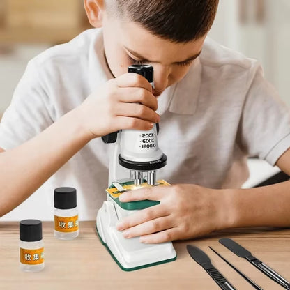 Kids Microscope Kit 200X 600X 1200X Biological Science Stem Toy Hand Loupe School Educational Pocket Microscope with LED Light