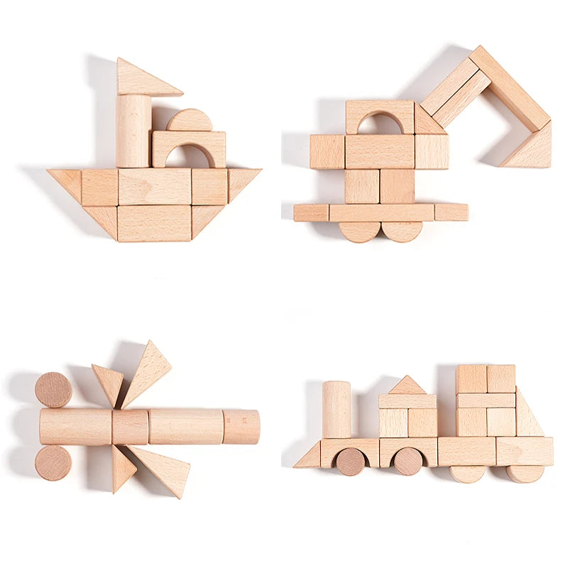 100Pcs Building Blocks for Toddlers Natural Wood Geometric Storage Bucket and Shape Sorter Lid Montessori Educational Toys
